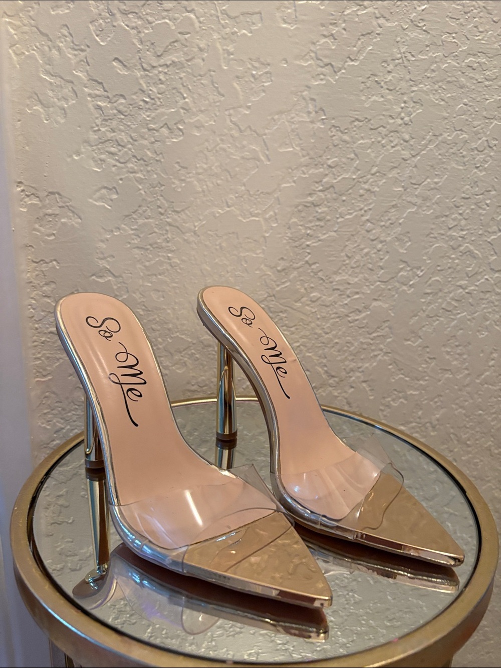 So Me Clear Pointed Toe Stiletto Mules with Nude Insole